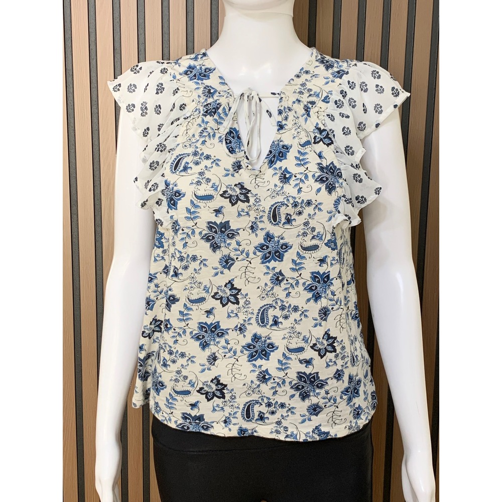 Lucky Brand Women's Blue Floral Paisley Flutter Ruffle Sleeve Tie Neck Blouse M